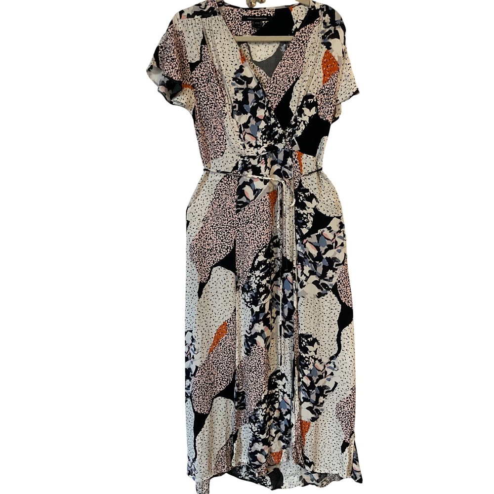 French Connection Women Abstract Print Wrap Midi Dress Pink Blue Black Size 8